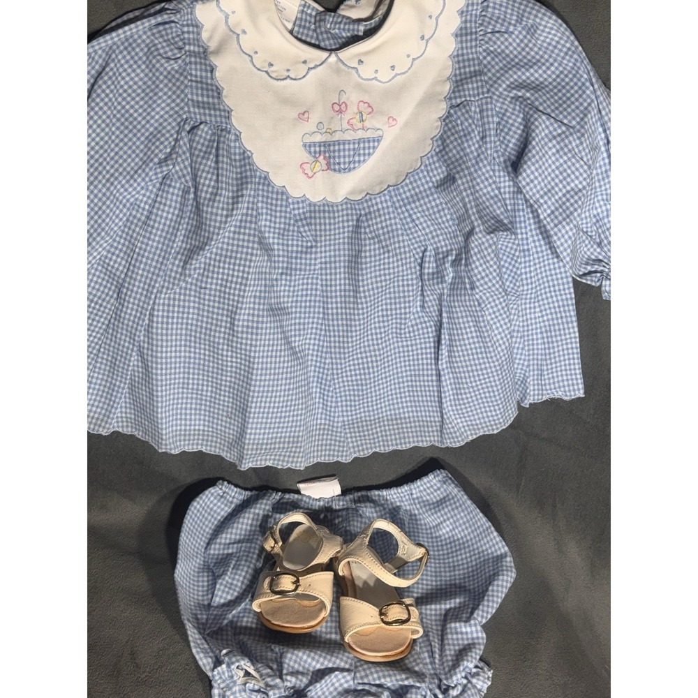 Joyeux Gamins Happy Kids Vintage Blue Gingham Dress Baby 12 Mon. Bloomer + Shoes